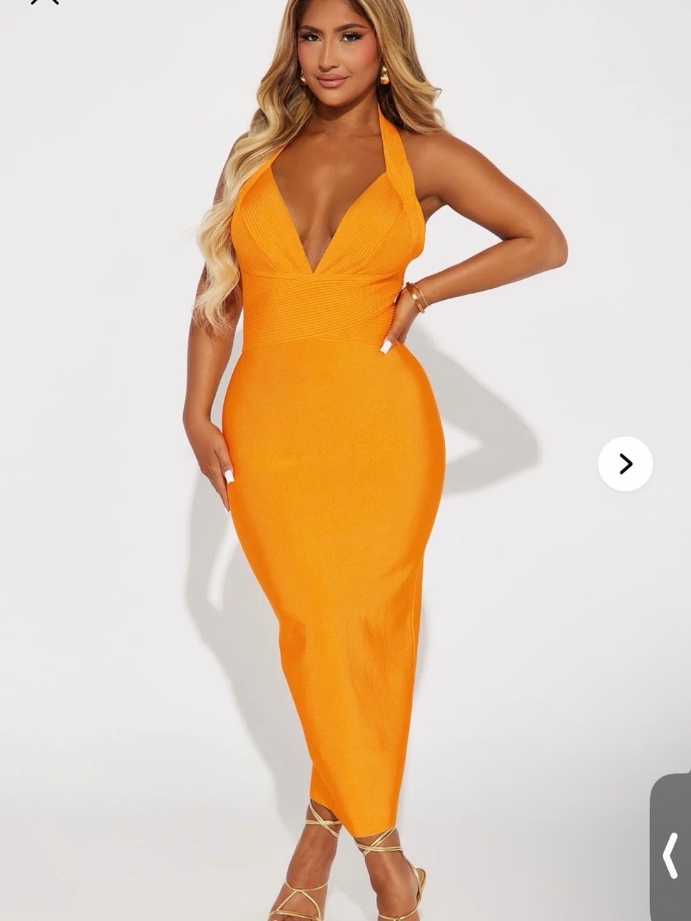 Fashion Nova Orange Plunge Halter Midi Dress